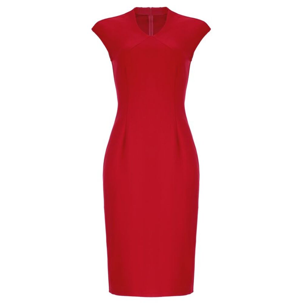 Women Work Dress V Neck Cap Sleeve Knee Length Elegant Sheath Dress Red